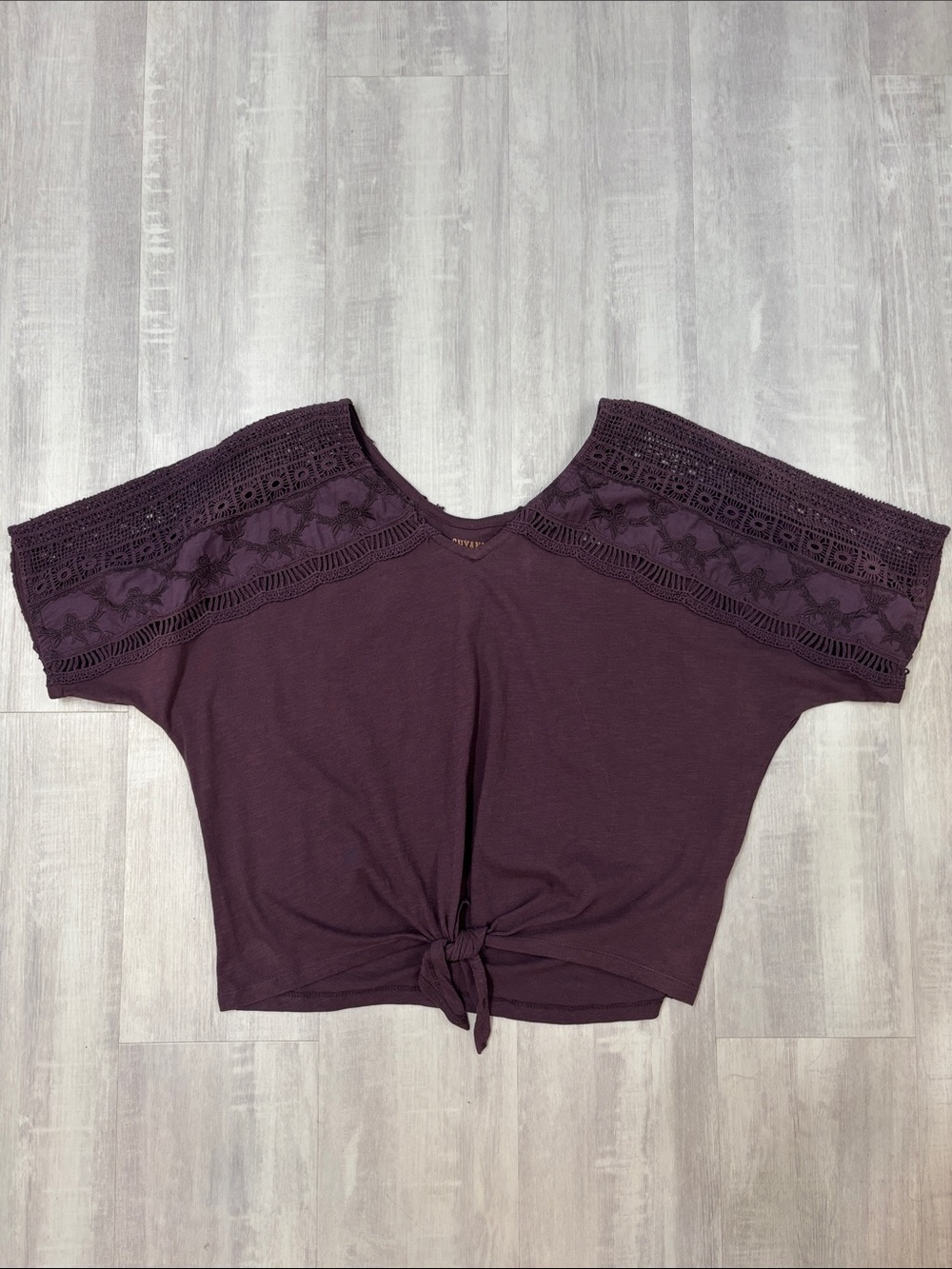 Shyanne Plum Crochet Yoke Tie-Front Crop Top XSmall